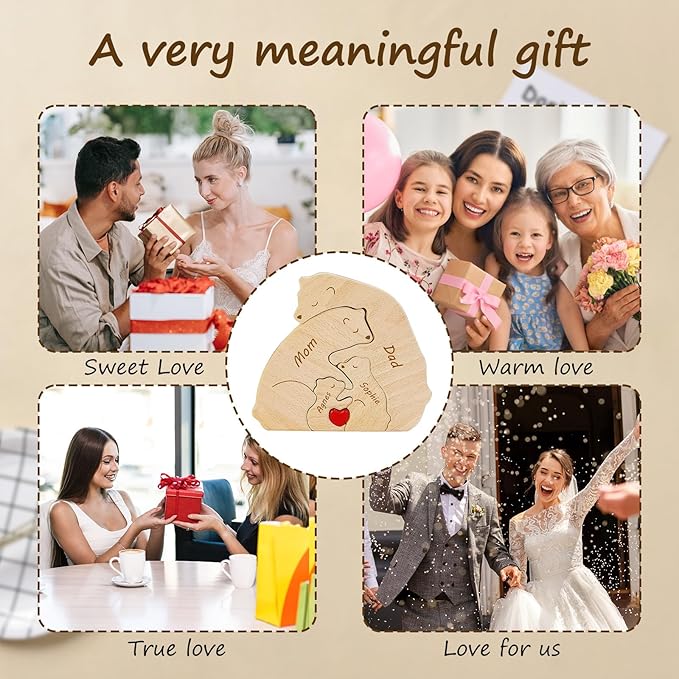 Personalized Wooden Bear Puzzle - Customizable with 2-8 Names, Home Decor Housewarming Gift Unique Wooden Animal Decoration