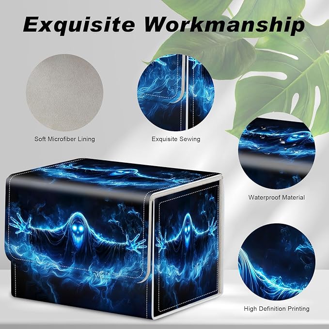 Card Game Storage Box TCG Deck Box MTG Card Box Organizer Trading Card Case Commander Deck Box TCG Card Storage Box Magnetic Closure Creative Pattern Up to 200 Cards, Blue Flame Smoke Skull Death
