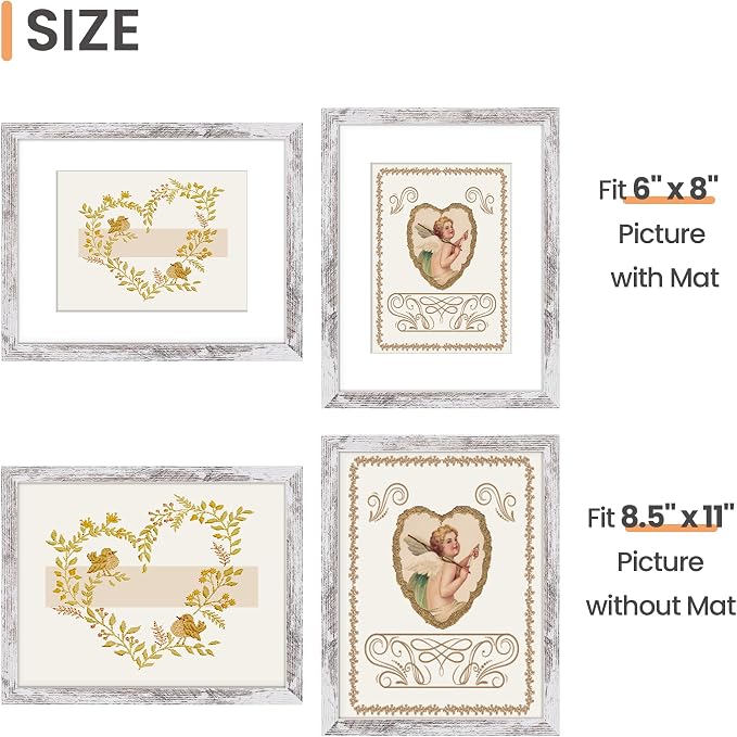 upsimples 8.5 By 11 Picture Frame, Display Pictures 6x8 with Mat or 8.5 x 11 Without, Wall Hanging Photo Frames, Rustic White, 1 Pack
