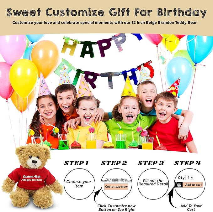 Customized Beige Brandon Bear - 12 inch Personalized Stuffed Bear Plush Toy - Perfect Custom Shirt Bear Gift for Graduation Valentines Graduation Easter Holidays (Red Shirt)