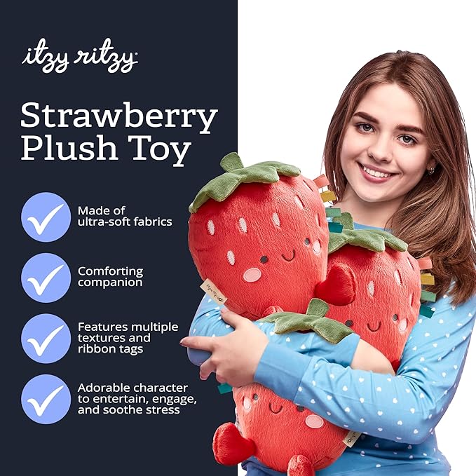 Itzy Ritzy Snuggles Plush Toy – Soft Stuffed Animal for Babies, Kids & Adults – Sensory Ribbons & Textured Fabrics for Tactile Play – Cozy & Cuddly Companion for Newborns & Up (Strawberry)