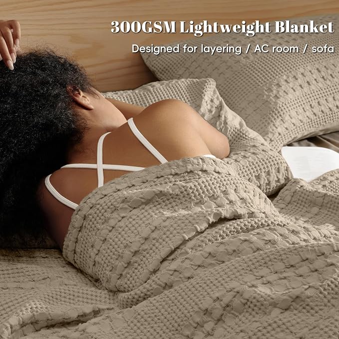 PHF 100% Cotton Waffle Weave Blanket Queen Size, Lightweight Breathable Summer Blanket for Hot Sleepers, Pre-Washed Soft Layer for Bed, Couch, Aesthetic Home Decor & Gift, 90"x90", Taupe