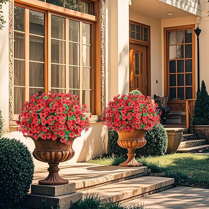 Ouddy Decor 12 Pcs Artificial Flowers for Outdoors Decorations, Red | Lifelike silk flowers, UV resistant, faux plastic plants, for garden porch window table vase home indoor outdoor decor