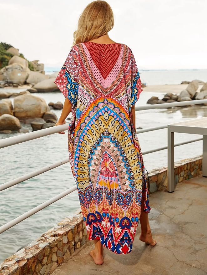 Venasha Womens Caftan Floral Print Kaftan Dress Short Sleeve Swimsuit Cover up Loungewear for Summer