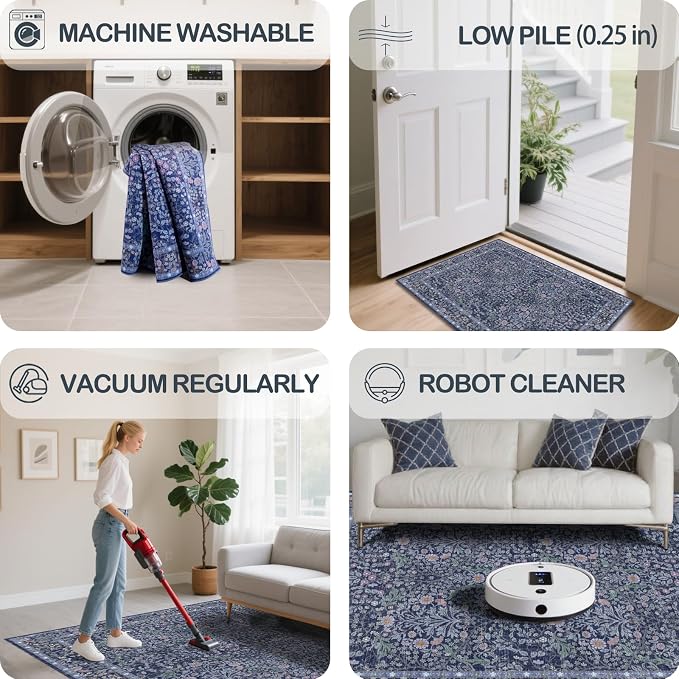 5x7 Washable Area Rugs for Living Room, Stain Resistant Vintage Rugs for Dining Room Under Kitchen Table, Bedroom, Floral Low Pile Non-Slip Large Carpet (5 x 7 Blue)