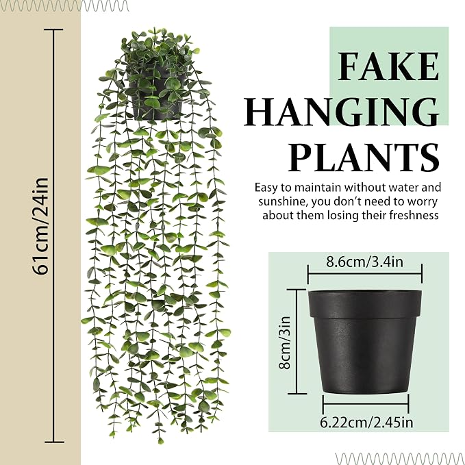 Waipfaru 2Pcs Fake Hanging Plants with Pot, Potted Faux Eucalyptus | Fake Vines Ivy Artificial Plants Outdoor Faux Plants Indoor Bedroom Living Room Boho Wall Porch Shelf Decor