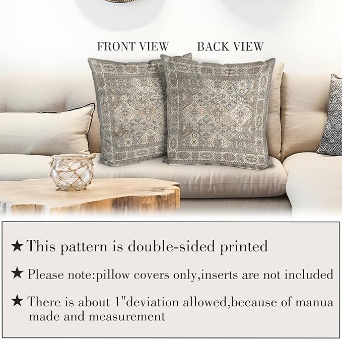 Boho Floral Throw Pillow Covers 20x20 inch Set of 2,Grey Boho Rug Geometric Floral Pattern Decor Double Sided Pattern Cushion Cover Soft Pillow Case Living Sofa Room Bed Square Pillow Cover