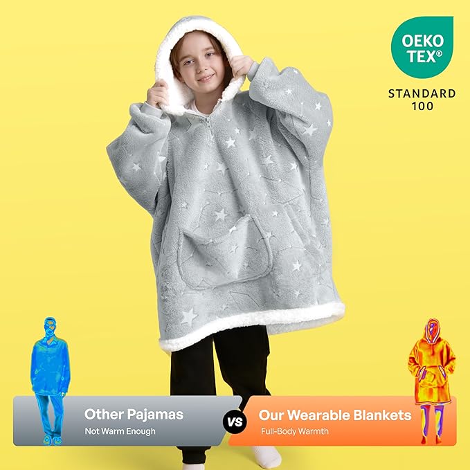 Giggling Getup Glow in The Dark Wearable Blanket Hoodie for Girls and Boys Warm Cozy Sherpa Fleece Hooded Blanket Sweatshirt Oversized Hoodie with Giant Pocket & Sleeves for Kids Cat