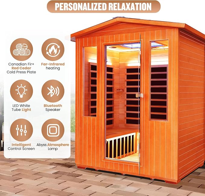 Outdoor Sauna 4 Person Dry Infrared Sauna with Red Light Wood Personal Spa Room Low-EMF 2600W 240V Abysmal Lamp Bluetooth Speakers 62.2"x46.9"x81.9"