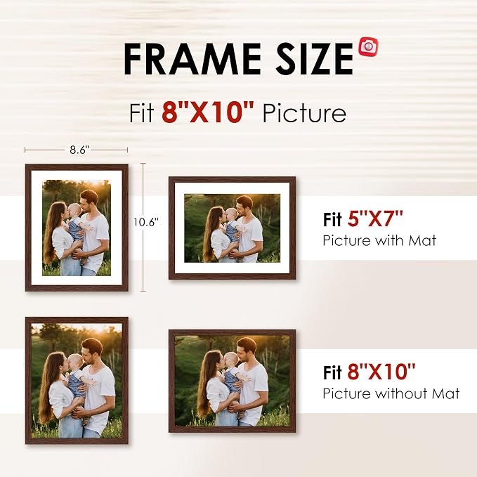8x10 Picture Frame Bulk-6 Pack, Photo Frame with HD Plexiglass, Display Pictures 5x7 with Mat or 8x10 Without Mat, Brown Picture Frames Collage Wall Decor, Wall & Tabletop Picture Frames