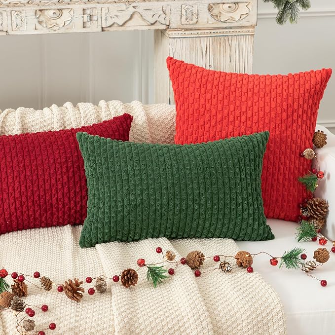 Kevin Textile Soft Corduroy 14"x24" Lumbar Pillow Cover 1 Pack, Dark Green | Boho Stripe Plush Corduroy Decorative Oblong Cushion Cover Modern Farmhouse Home Decor for Sofa Couch Bed Chair