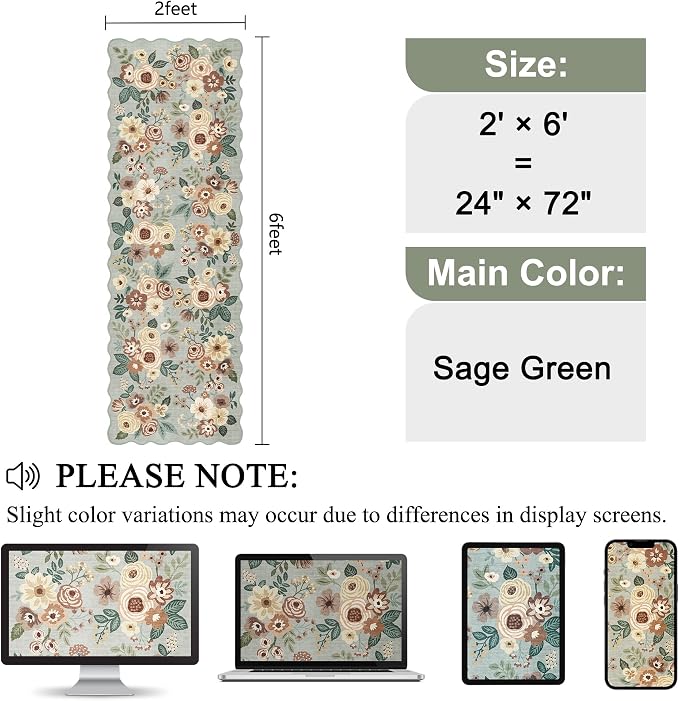 DUKINO 2x6 Runner Rug, Floral Washable Rug for Kitchen Non Slip Sage Green | Soft, Low Pile, Non-Shedding Long Runner Rugs for Kitchen, Entryway, Bedroom, Bathroom, Pet Friendly, Home Decor, Ultra-Thin