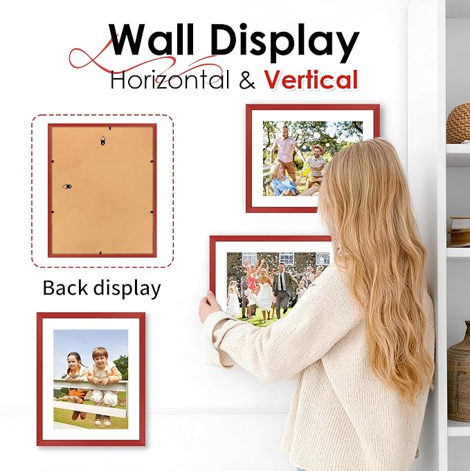 FIXSMITH 8.5x11 Picture Frame Set of 2, Red Photo Frame with HD Plexiglass, Display Pictures 6x8 with Mat or 8.5x11 Without Mat, Black Picture Frames Collage Wall Decor, Gallery Wall Frame