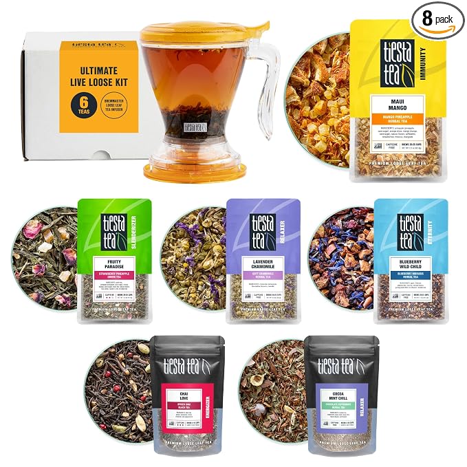Tiesta Tea Ultimate Live Loose Leaf Kit, Tea Starter Kit with High to Non-Caffeinated Blends, Hot & Iced Brews, Includes Black, Green, Herbal Sample Bags and 16oz Brewmaster Dispensing Infuser