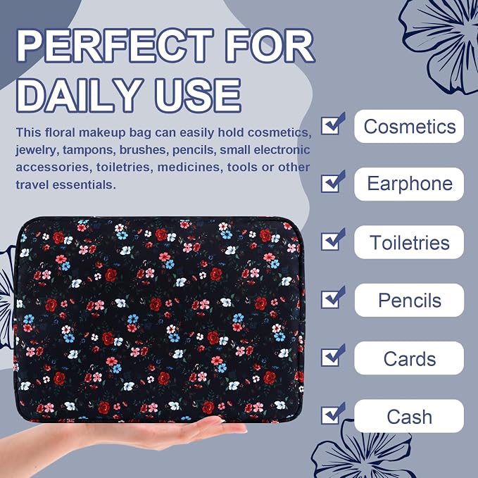 UIXIZQ Waterproof Large Floral Makeup Pouch,Nylon Travel Toiletry Storage Purse Preppy Cosmetic Bag for Women Girl,Large Capacity Makeup Organizer Zipper Pouch for Work(L Black-Flowers)