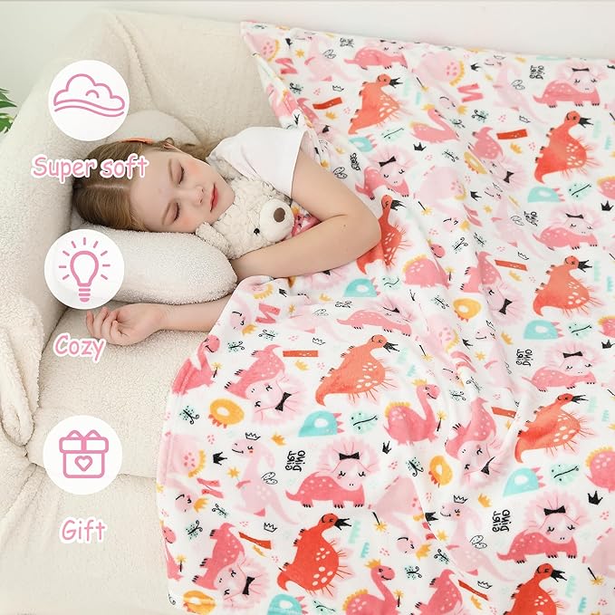 Softan Kids Throw Blanket for Girls & Boys, Warm Soft Toddler Flannel Blankets for Sofa Couch Bed， Cozy Fuzzy Plush Flannel Kids Throw Blanket for Daycare & School - Pink Dinosaur 50x60 inches