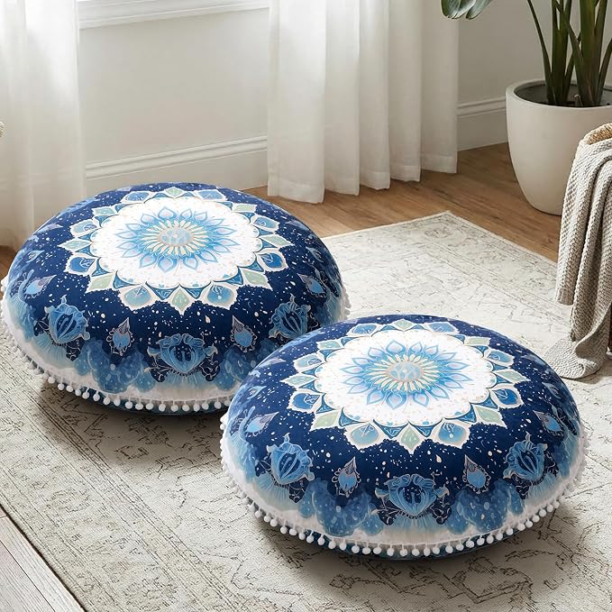 Meditation Cushion Set of 2, Round Floor Pillow Seating for Adults, Bohemian Mandala Yoga Cushion, 32" Extra Thick Memory Foam Removable Washable Cover, Ideal Gift Holiday Decor, Green