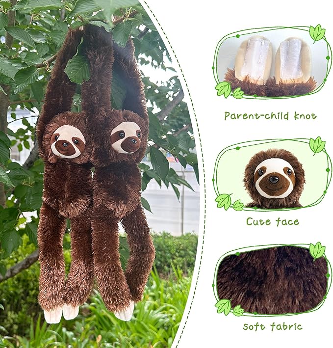 2 Pcs 50CM realistic hanging plush animal-filled Sloth Toys with Hands and Feet and Parent-Child Knot, Sloth Soft Long Plush Jungle Party Decoration Curtain Storage Toys Stuffed Animals for Kids 4-8