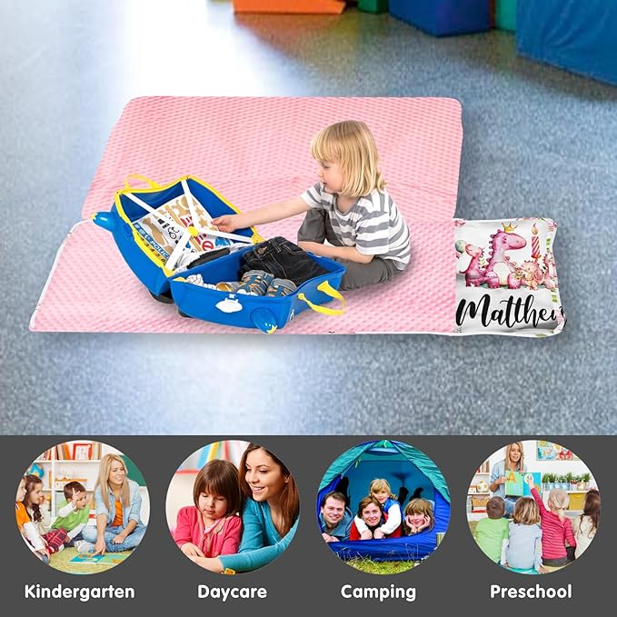 Personalized Toddler Nap Mat for Girls – Custom Name Kids Nap Mat – Daycare Sleeping Mats with Removable Pillow and Soft Minky Dot Blanket for Preschool, Travel, Kindergarten