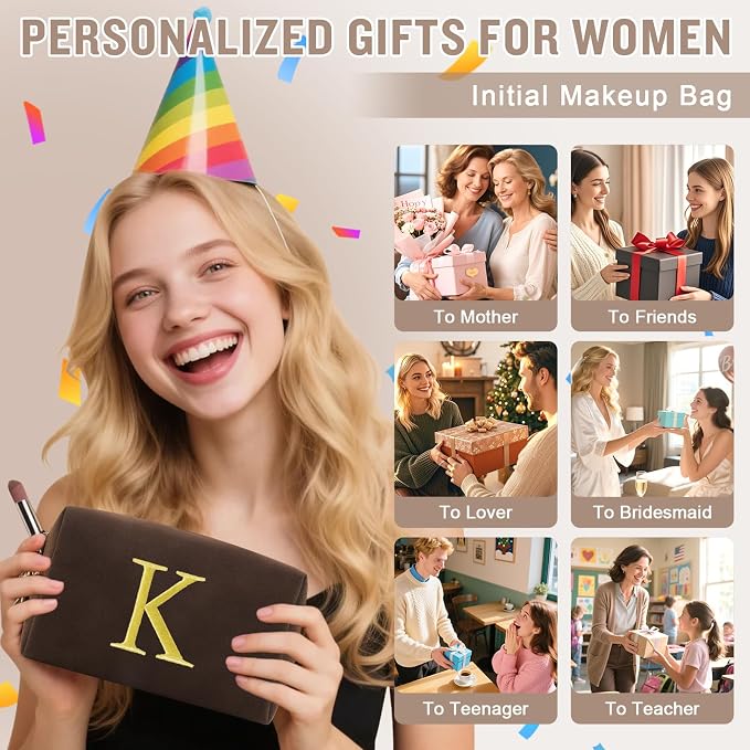 Personalized Initial Makeup Bag,Preppy Suede Cosmetic Bag for Teen Girls,Small Monogram Travel Toiletry Bag With Gold Embroidered Letter,Trendy Stuff Custom Christmas Gift for Women(Coffee-K)