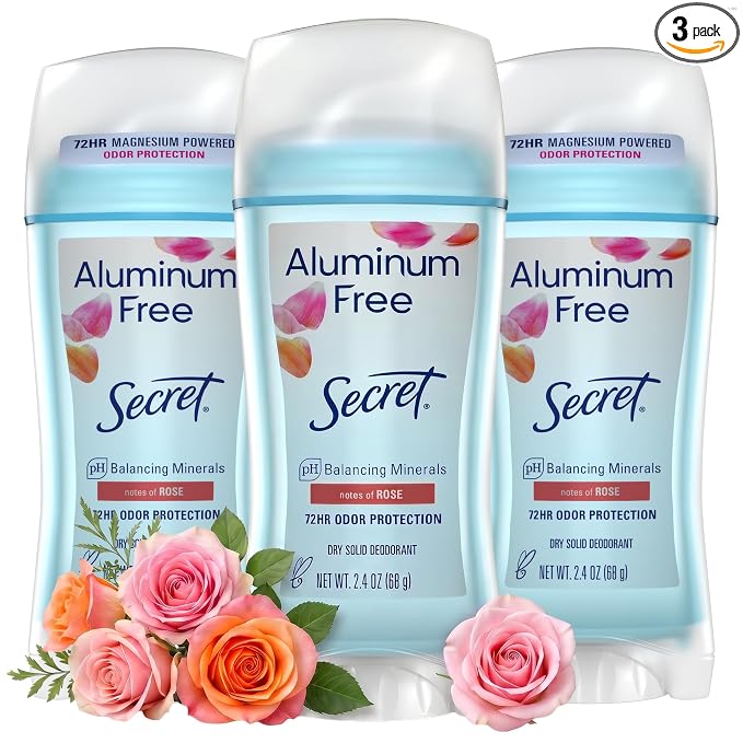 Secret Aluminum Free Deodorant for Women, 48hr Odor Protection, Free of Parabens Dyes Talc & Baking Soda, PH Balancing Minerals, Dry Solid, Rose Scent, 2.4 oz (Pack Of 3)