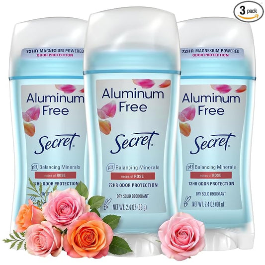 Secret Aluminum Free Deodorant for Women, 48hr Odor Protection, Free of Parabens Dyes Talc & Baking Soda, PH Balancing Minerals, Dry Solid, Rose Scent, 2.4 oz (Pack Of 3)