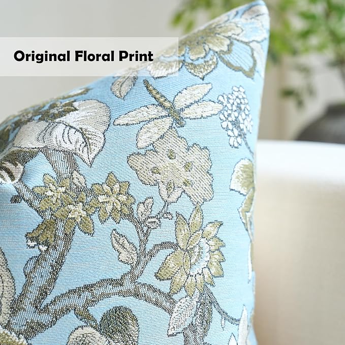 Neutral Floral Pillow Cover 12x20, Vintage Linen Lumbar Pillow Cover Soft Decorative Farmhouse Accent Pillow Case for Couch Bedroom Living Room Home Decor, Blue