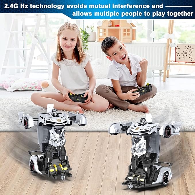Remote Control Car - Transforming Toy Car Robot, One-Button Deformation with Flashing Lights 2.4GHz 1:18 Scale Transforming Police Car with 360-Degree Rotation Toys for Boys and Girls