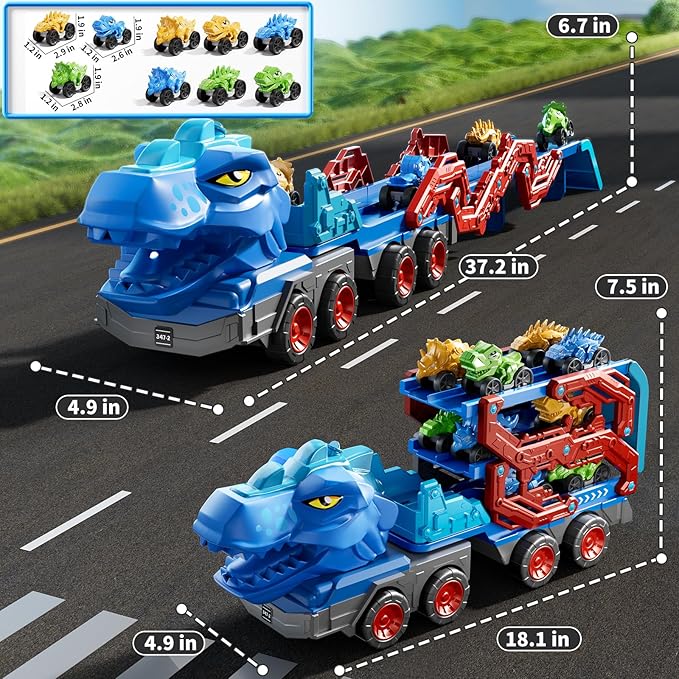 Toddler Car Truck Toys for Kids Ages 3-5, 10-in-1 Dinosaur Carrier Truck with Foldable Track Toys with Spray, Light & Sounds and 9 Dino Cars, Birthday Gift for 3 4 5 6 7 8 Years Old Boys Girls