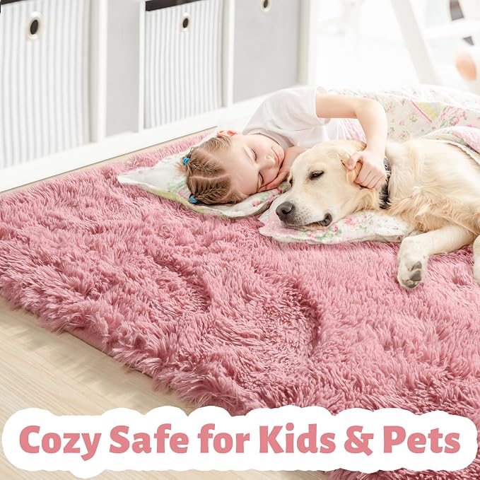 Amdrebio Blush Pink Area Rugs for Girls Bedroom, Furry Fluffy Cute Small Rug 3x5 for Kids Room Playroom, Fuzzy Shaggy Fur Plush Carpet for Nursery Dorm Classroom, Shag Kawaii Dusty Rose Mauve Rugs