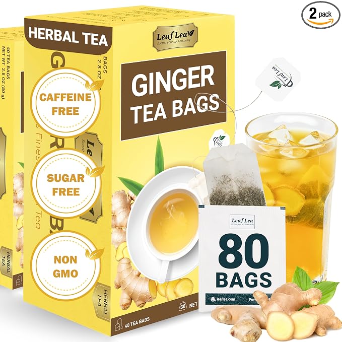 LeafLea Ginger Root Tea Bags, Real Ginger Herbal Tea, 80 Count | Warming Spicy-Sweet Brew, Individually Foil-Wrapped, Supports Digestion & Immunity, Caffeine-Free, Non-GMO