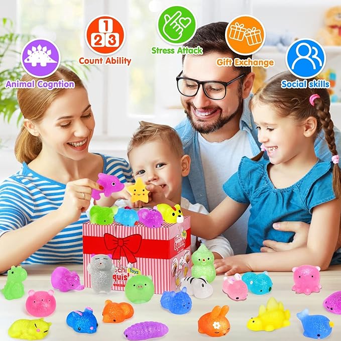 40Pcs Mochi Squishys Toys Mini Squishies 2nd Generation Glitter Animal Squishies Party Favors for Kids Adults Stress Relief Toy Treasure Box Prize Classroom Valentine Prizes Easter Egg Fillers