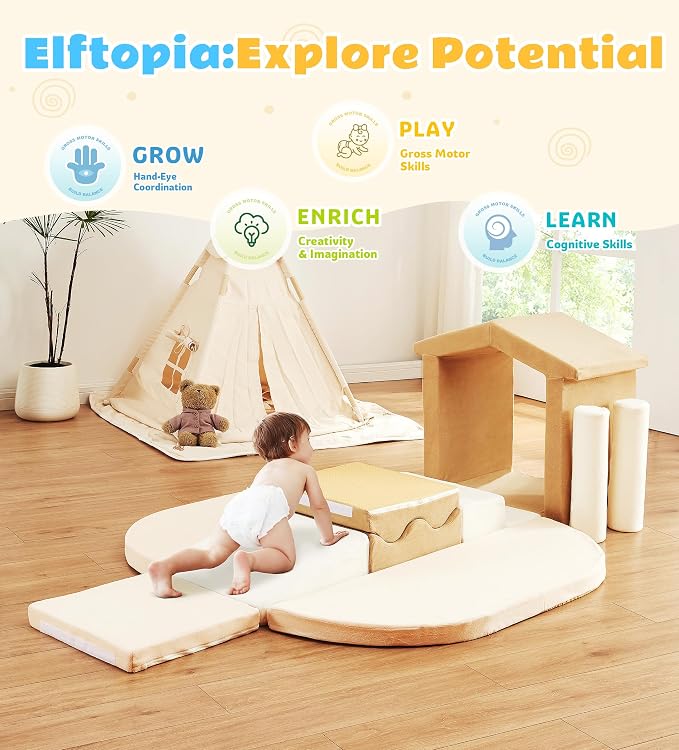 Elftopia 10-Piece Foam Climbing Blocks with Ramp & Stairs for Toddlers,Soft Play Gym Set,Foam Toddler Climbing Toys for Indoor Crawling,Sliding & Creative Play-Classic Color