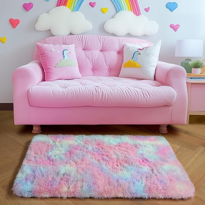 Amdrebio Rainbow 2x3 Small Area Rugs for Girls Bedroom Kids Room Decor, Pastel Colorful Rug for Playroom Preppy Dorm, Cute Unicorn Shaggy Rug for Baby Princess, Kawaii Fluffy Plush Carpet for Nursery