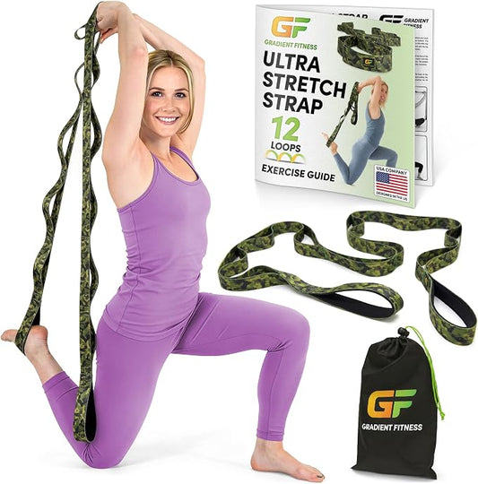 Gradient Fitness Stretching Strap for Physical Therapy, 12 Multi-Loop Stretch Strap 1.5" W x 8' L, Neoprene Handles, Physical Therapy Equipment, Yoga Straps for Stretching, Leg Stretcher.