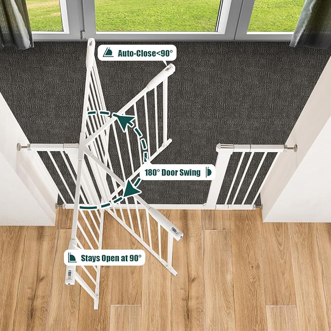keny 29.7"-46" Baby Gate for Stairs, Auto Close Dog Gates for Doorways | Pressured Mounted No Drilling Pet Gate Extra Wide, Easy Walk Thru Stair Gate, 30" Tall, White