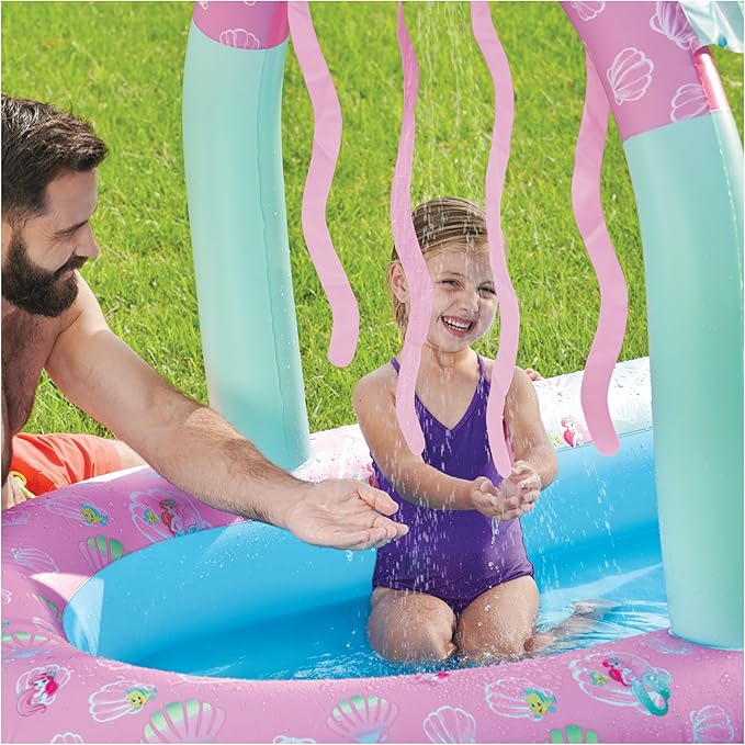 SwimWays Disney Princess Ariel Water Castle Deluxe Inflatable Pool, Above Ground Pool with Canopy and Fast Inflation for Kids Aged Aged 3 & Up