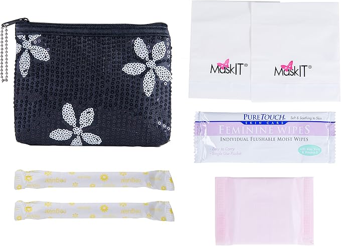 Period Starter Kit - Fashionable and Organic Menstrual Period Survival Kit - When Aunt Flo Makes a Surprise Visit! (Your First Choice to-Go!) (Black)