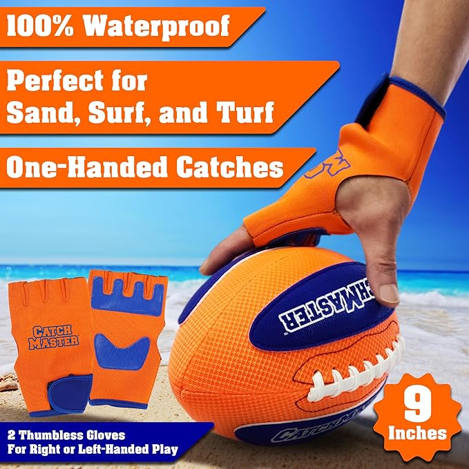 CatchMaster Water Football Set – Lightweight, Double-Laced Ball + 2 Gloves for Beach, Swimming Pool, or Backyard – All Weather Fun & Active Play for Kids, Teens & Families