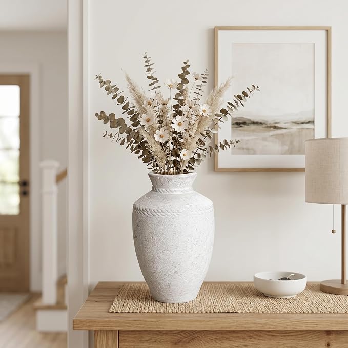 White Ceramic Flower Vase Home Decor 10 Inch Rustic Farmhouse Vase Decorative Pottery Terracotta Vases for Pampas Grass Dining Table Living Room Shelf Kitchen Bedroom Decor