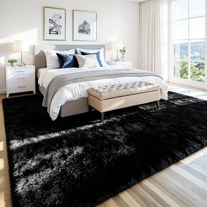 5x8 Area Rug for Living Room, Ultra Soft Fluffy Black Rugs for Bedroom, Non Slip Large Shag Carpet, Fuzzy Plush Nursery Rug, Thick Washable Indoor Floor Carpets for Kids Office Dorm Home Decor