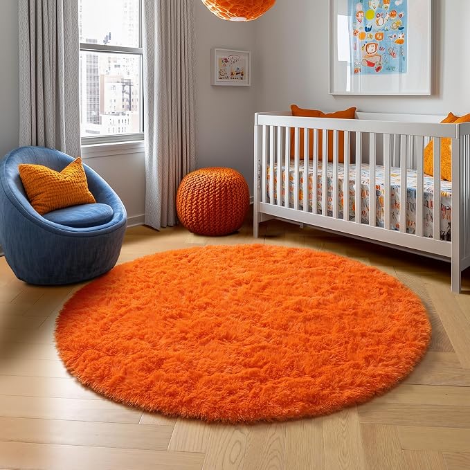 Amdrebio Orange Circle Round Rug 6Ft for Living Room Bedroom, Fluffy Furry Shag Area Rugs for Kids Room Decor Aesthetic, Cute Fuzzy Plush Shaggy Carpet for Baby Nursery Dorm Playroom, Teen Girls Boys