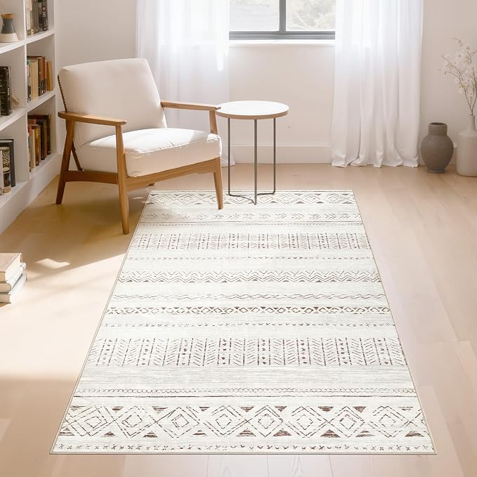 cotiled 3x5 Area Rugs Living Room Rug: Washable Boho Rugs with Non Slip Backing Small Soft Indoor Stain Resistant Carpet for Bedroom Farmhouse Dining Room Lightweight Home Decor L Brown/Cream