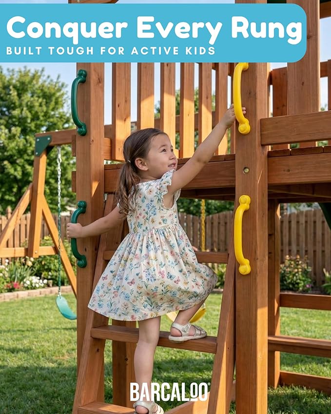 Playground Outdoor Safety Handle Accessories 4 Pack Color Combo Set – Set of 2 Green & 2 Yellow Grab Handle Safety Bars Equipment for Kids Jungle Gym, Tree House, Monkey Bars, and More