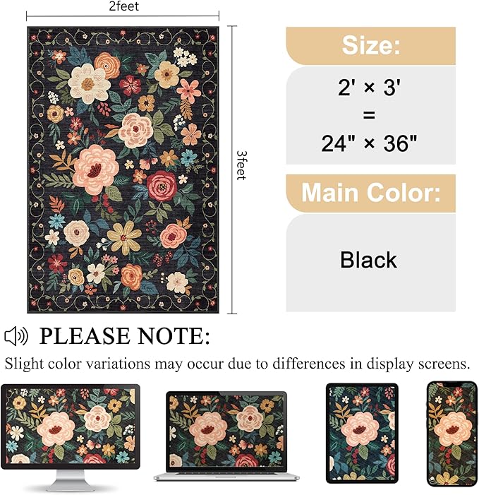 DUKINO 2x3 Door Mat Indoor Entrance, Floral Washable Rug Non Slip, Black | Low Pile, Non-Shedding Small Rug for Kitchen, Entryway, Bedroom, Bathroom, Pet Friendly, Stain Resistant, Modern Home Decor