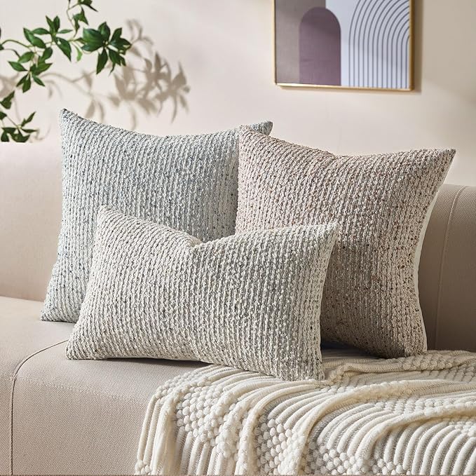 Allorry Soft Wool Decorative Throw Pillow Covers 22x22 Cream Gray SY011B22 | Cozy Soft Touch,Neutral Textured Boho Cushion Covers for Modern Farmhouse Sofa Bedroom Living Room Decor