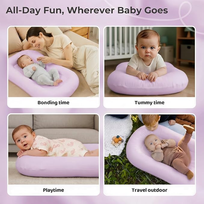 Infant Support Cushion - Baby Support Cushion for Newborn, 0-24 Months, Breathable Cotton Tummy Time Mat, Supervised Use, Portable Newborn Essentials for Home and Travel, Purple (Cover Included)