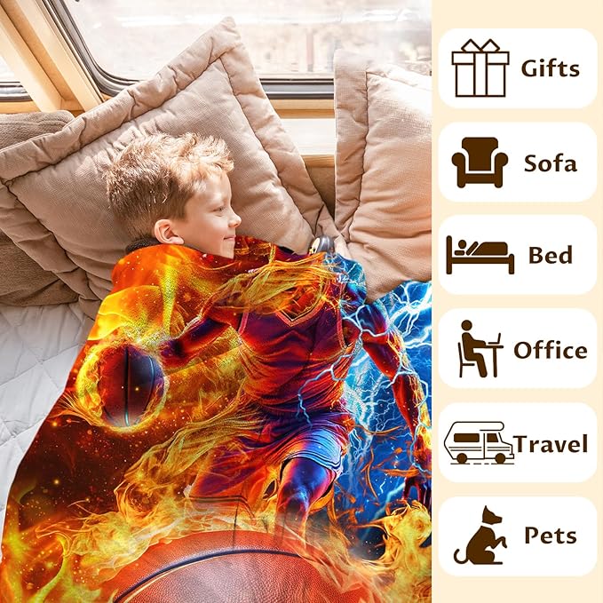 Basketball Blanket for Boys Men Personalized Sport Throw Blankets for Kids Teens, 40x50 Inches Cozy Soft Cool Custom Decor Throw for Sofa Couch Bed Office