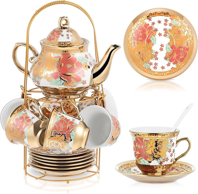 Zhehao 20 Pcs Porcelain Tea Set with Metal Holder and Spoon Adult Ceramic Tea Set European Flower Painting Teapot Cup Saucer Spoon for Women Mom Gift, Large Version (Stylish Style)