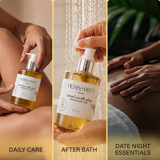 Edible Spiced Vanilla Glaze Massage Oil, 8.5 oz | Body Oil with Vanilla & Cinnamon, Made with Coconut & Sweet Almond Oils | Non-Sticky, Moisturizing, Aromatherapy Gift